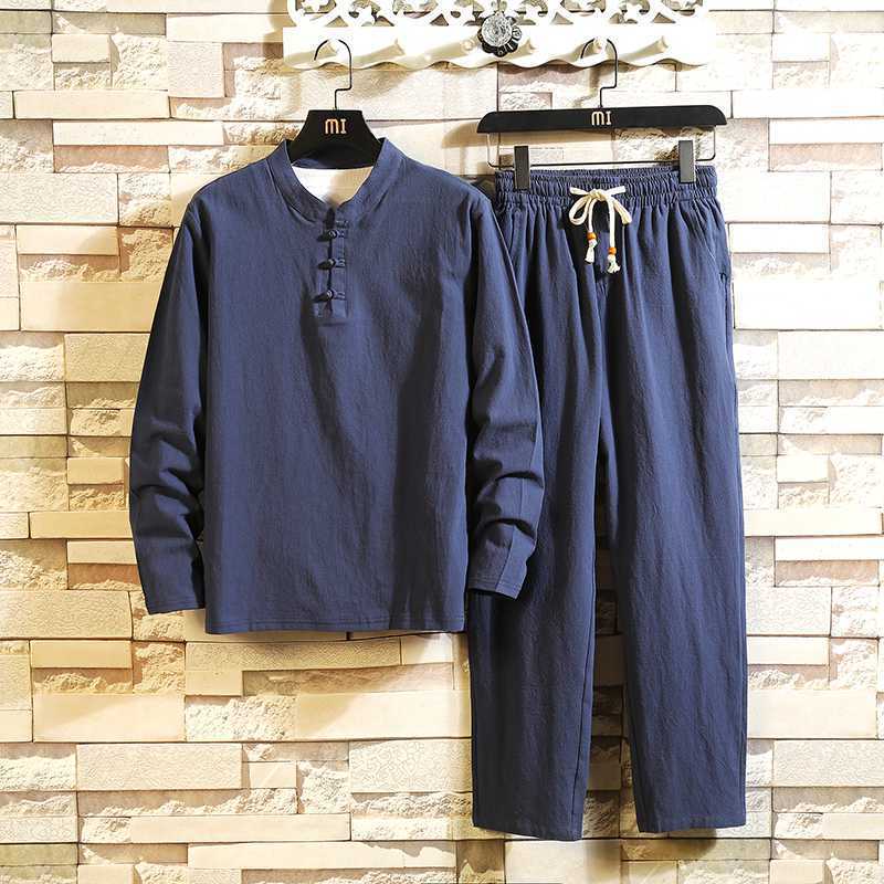 Chinese Style For Men Linen Long Sleeve Trousers Suit
