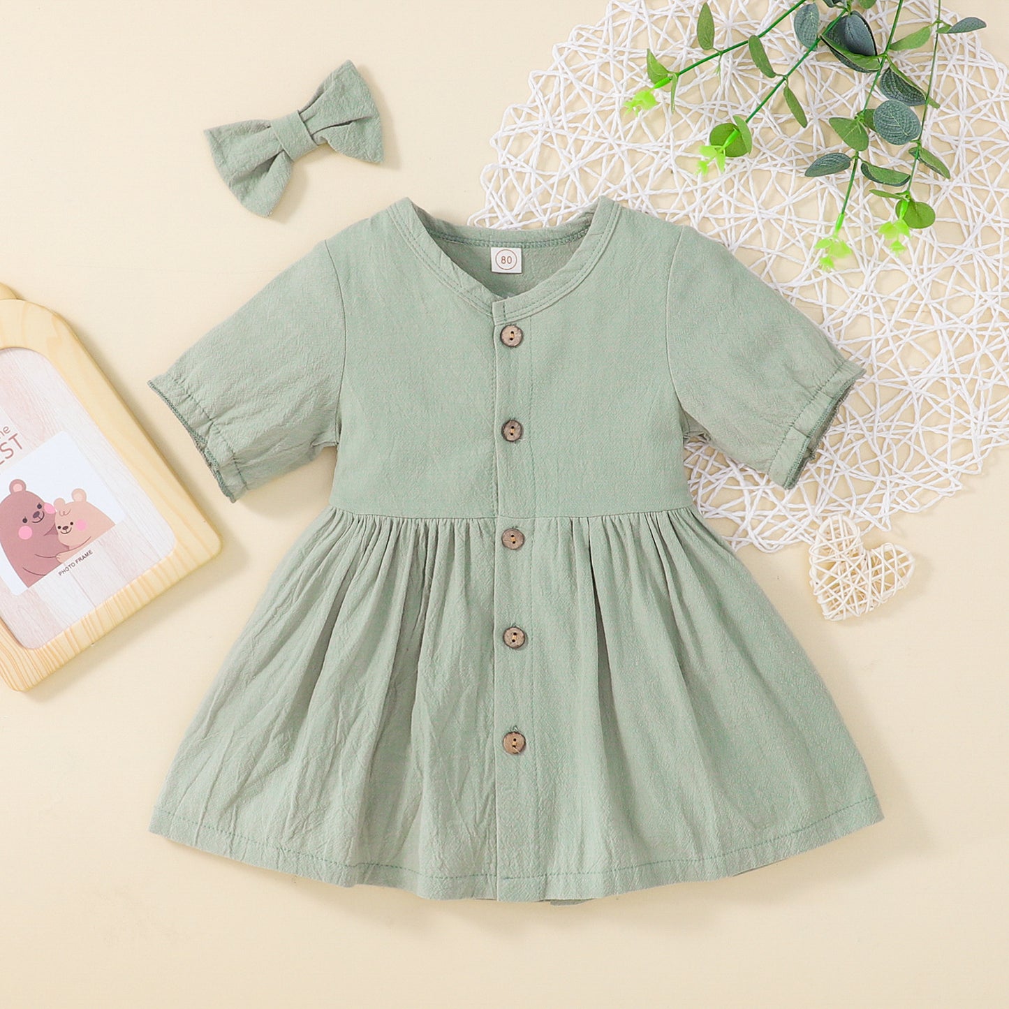 Children's Cotton And Linen Baby Girl's Short-sleeved Dress With Barrettes Suit