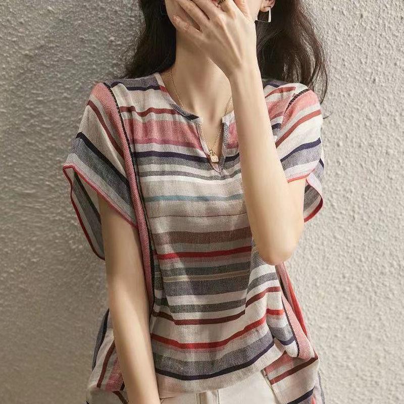 Women's Striped Shirt Korean Style Loose Cotton Linen Shirt