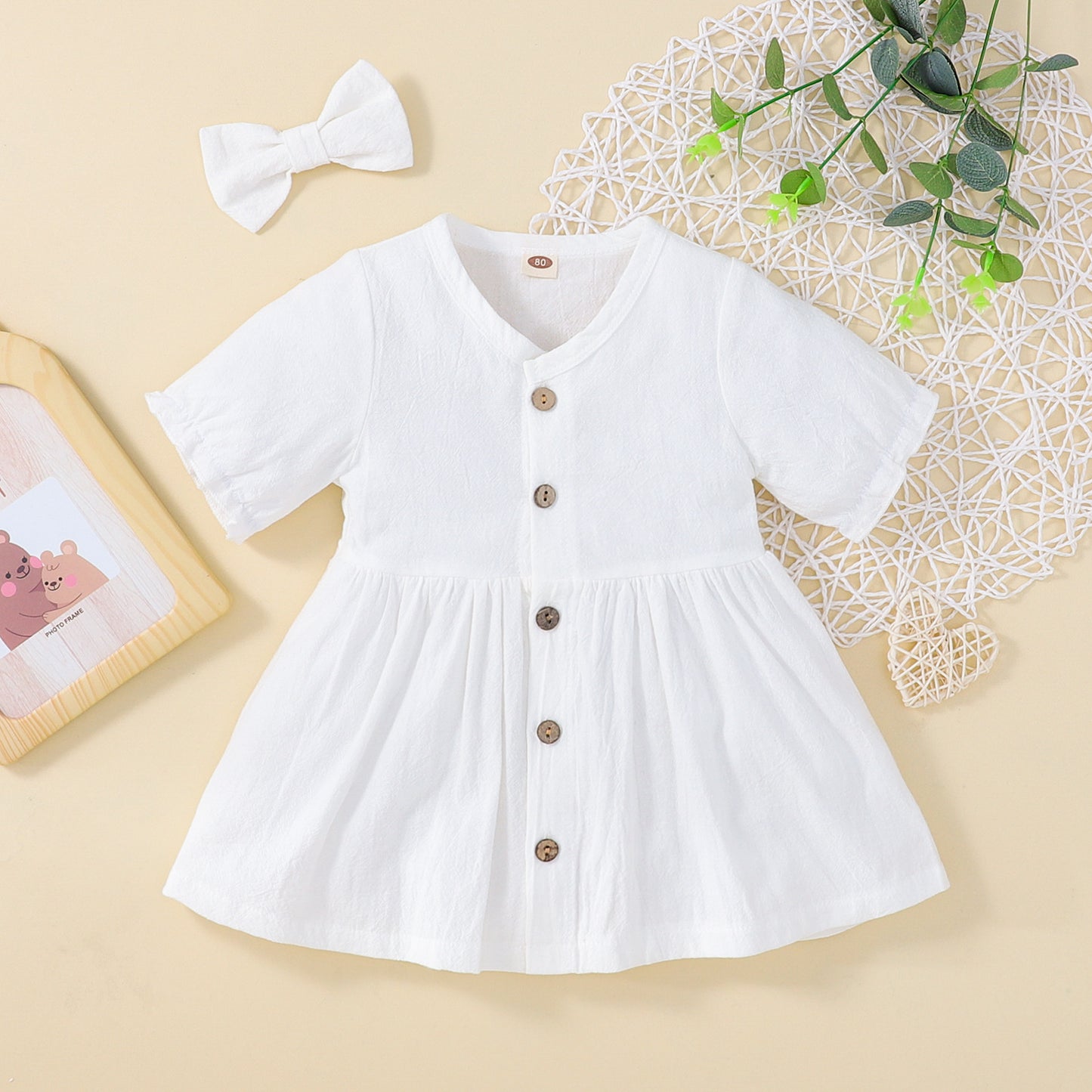 Children's Cotton And Linen Baby Girl's Short-sleeved Dress With Barrettes Suit