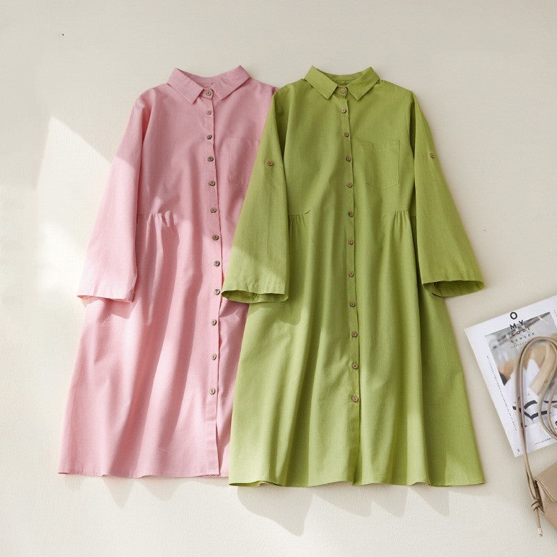 Linen Shirt Skirt Fashion Slimming Solid Color Dress