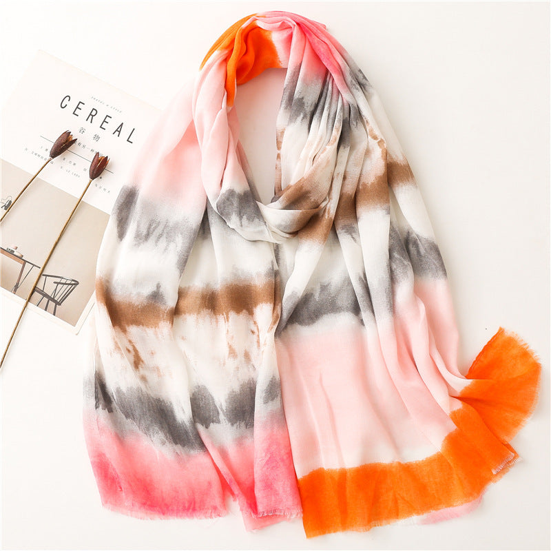 Cotton And Linen Feel Satin Cotton Scarf Female Ink Painting Rainbow Shawl