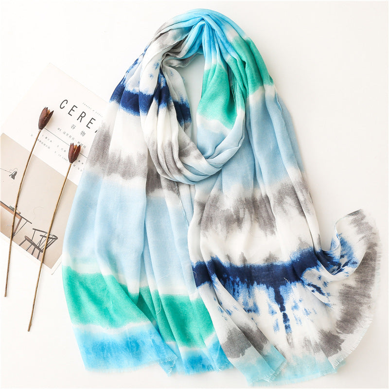 Cotton And Linen Feel Satin Cotton Scarf Female Ink Painting Rainbow Shawl