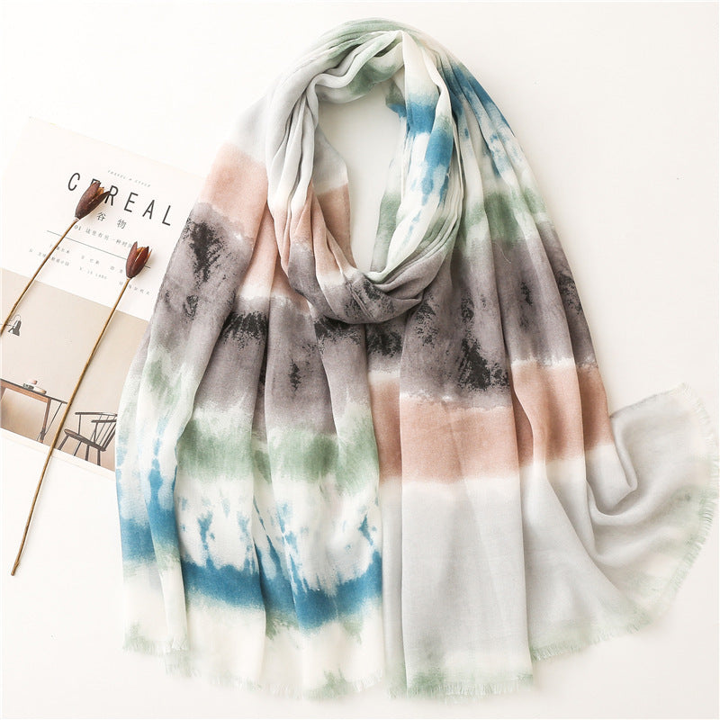 Cotton And Linen Feel Satin Cotton Scarf Female Ink Painting Rainbow Shawl