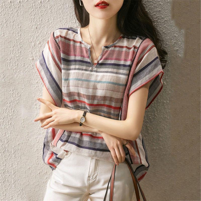 Women's Striped Shirt Korean Style Loose Cotton Linen Shirt