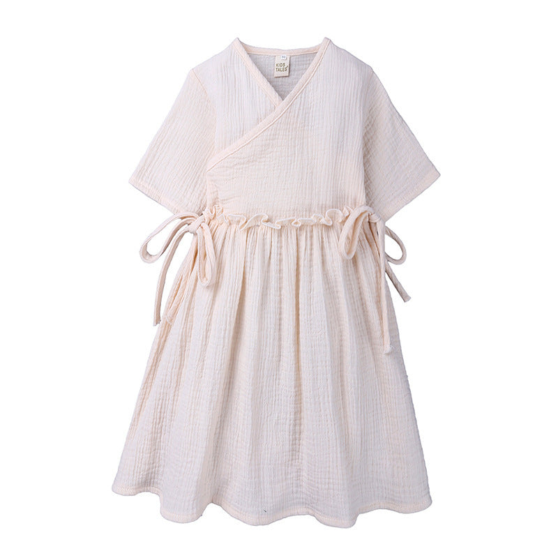 Kids' Skirt Style Cotton And Linen Lace-up Slim Dress
