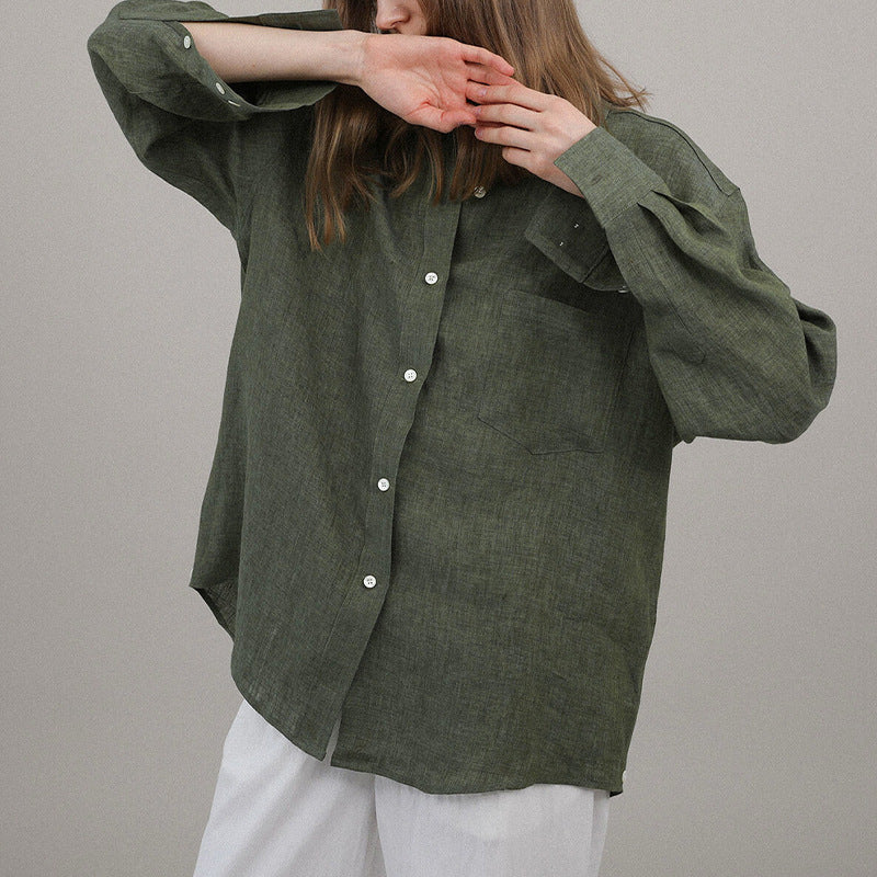 Niche Design Pure Linen Shirt Turn-down Collar Coat Women