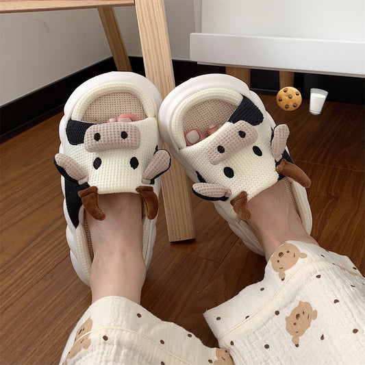 Cotton And Linen Cute Cartoon Dairy Cattle Mute Linen Slippers