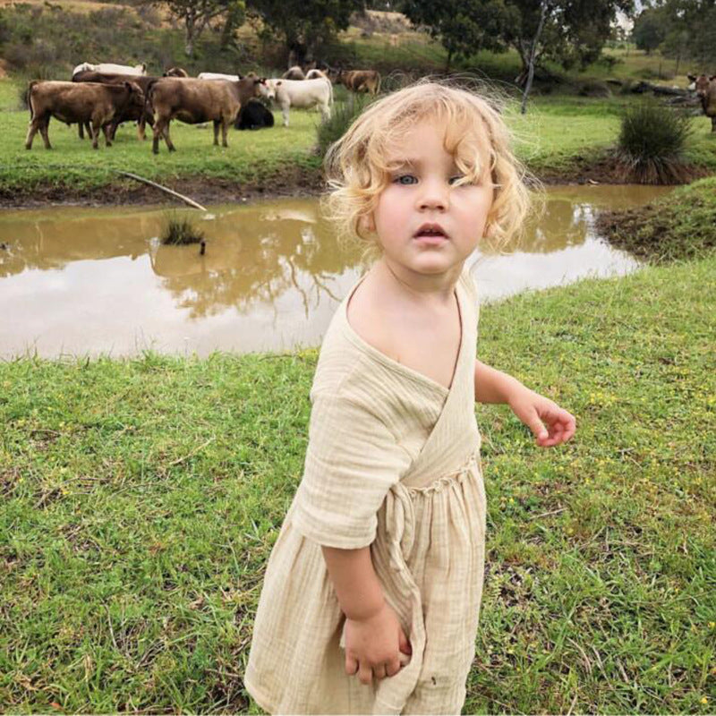 Kids' Skirt Style Cotton And Linen Lace-up Slim Dress
