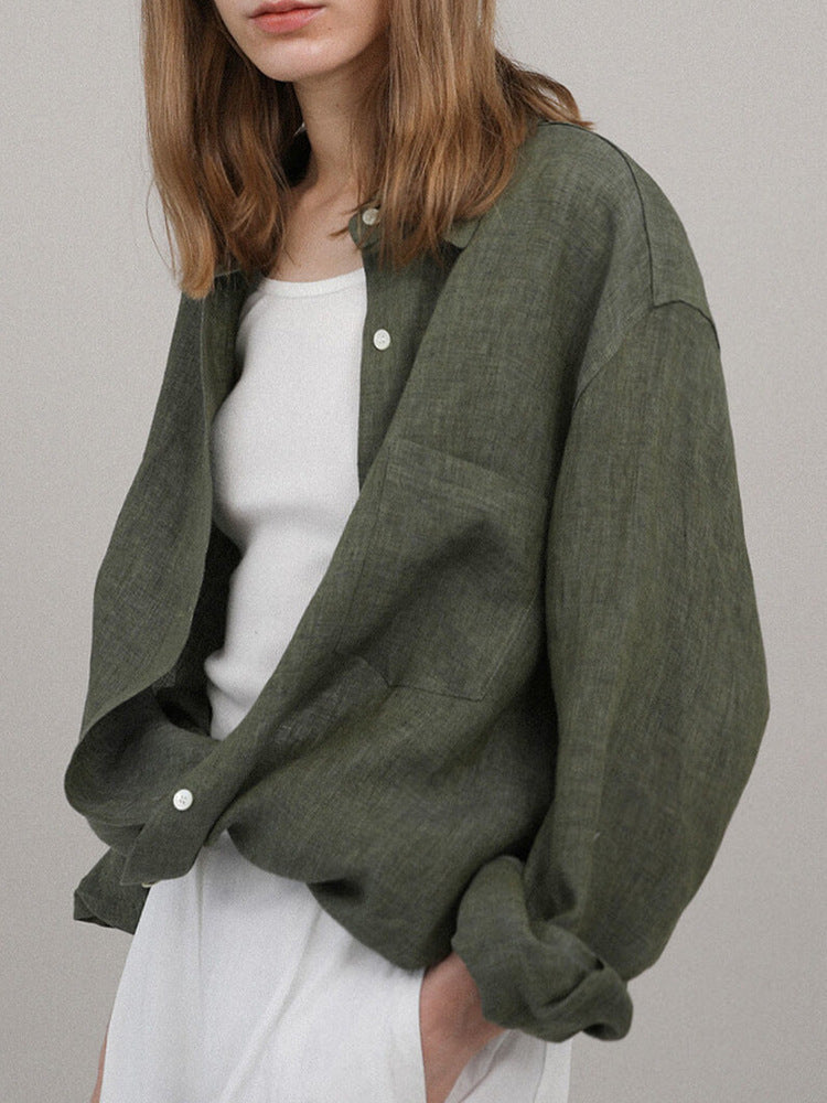 Niche Design Pure Linen Shirt Turn-down Collar Coat Women