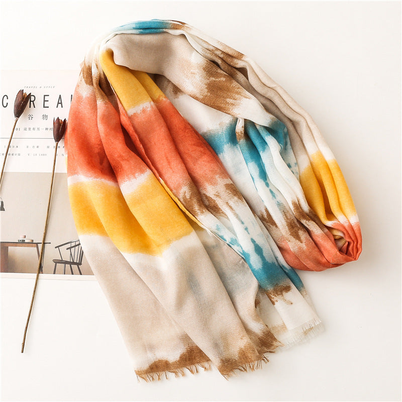 Cotton And Linen Feel Satin Cotton Scarf Female Ink Painting Rainbow Shawl