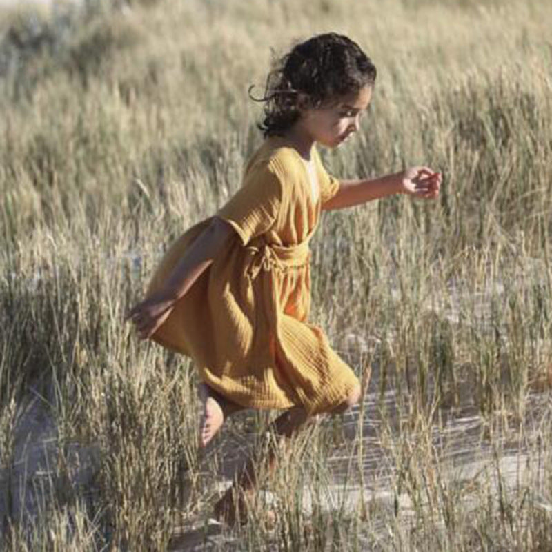 Kids' Skirt Style Cotton And Linen Lace-up Slim Dress