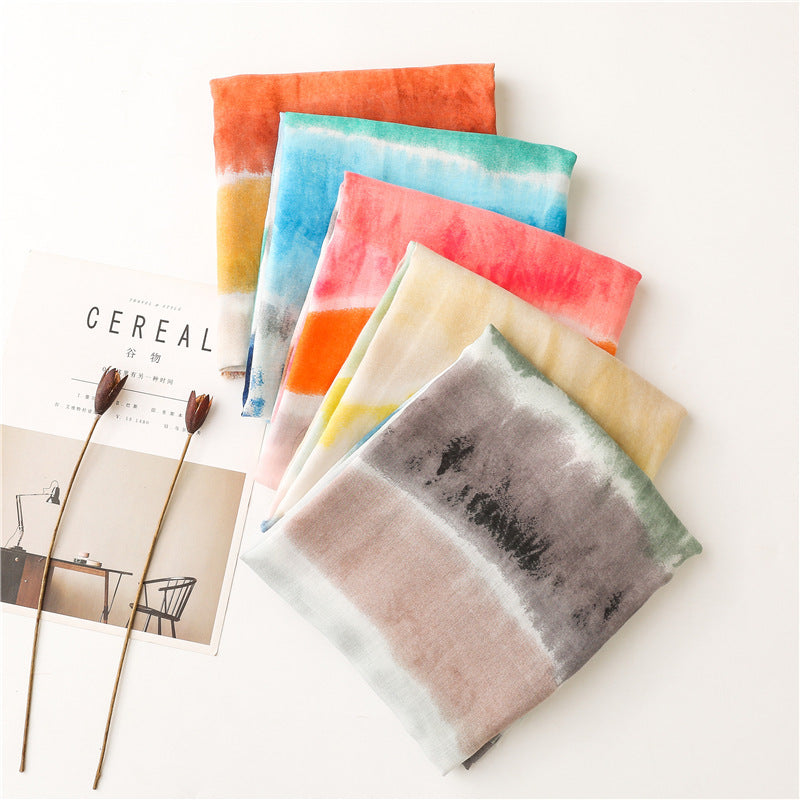 Cotton And Linen Feel Satin Cotton Scarf Female Ink Painting Rainbow Shawl