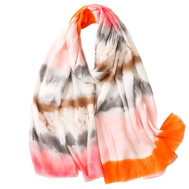Cotton And Linen Feel Satin Cotton Scarf Female Ink Painting Rainbow Shawl