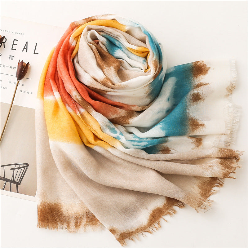 Cotton And Linen Feel Satin Cotton Scarf Female Ink Painting Rainbow Shawl