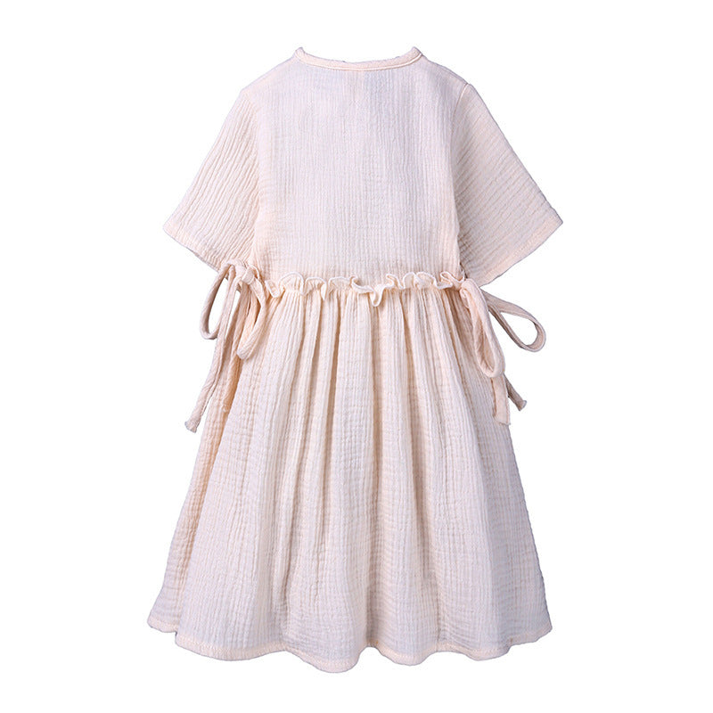Kids' Skirt Style Cotton And Linen Lace-up Slim Dress