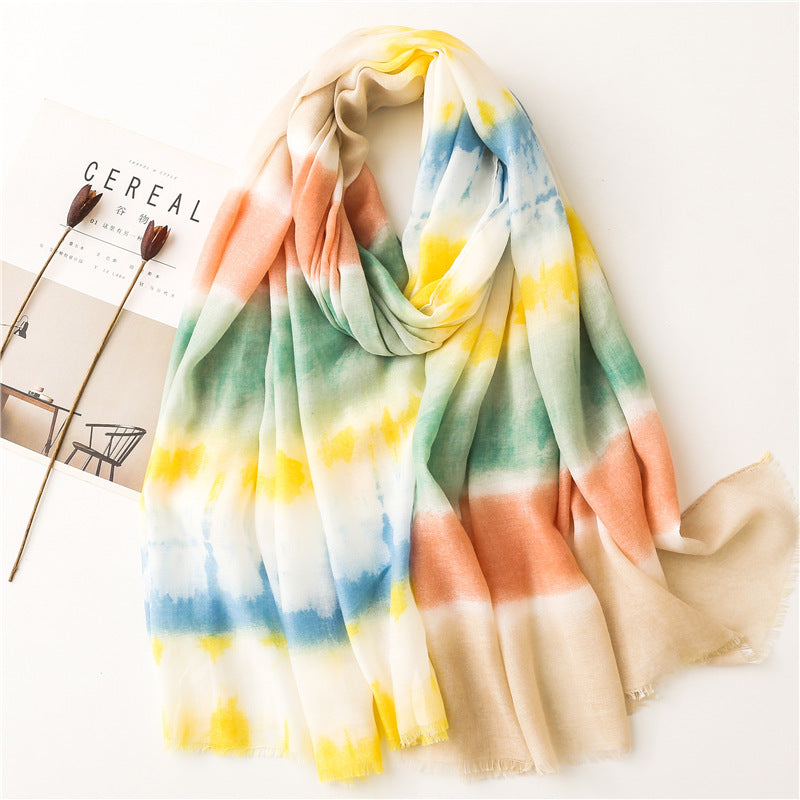 Cotton And Linen Feel Satin Cotton Scarf Female Ink Painting Rainbow Shawl