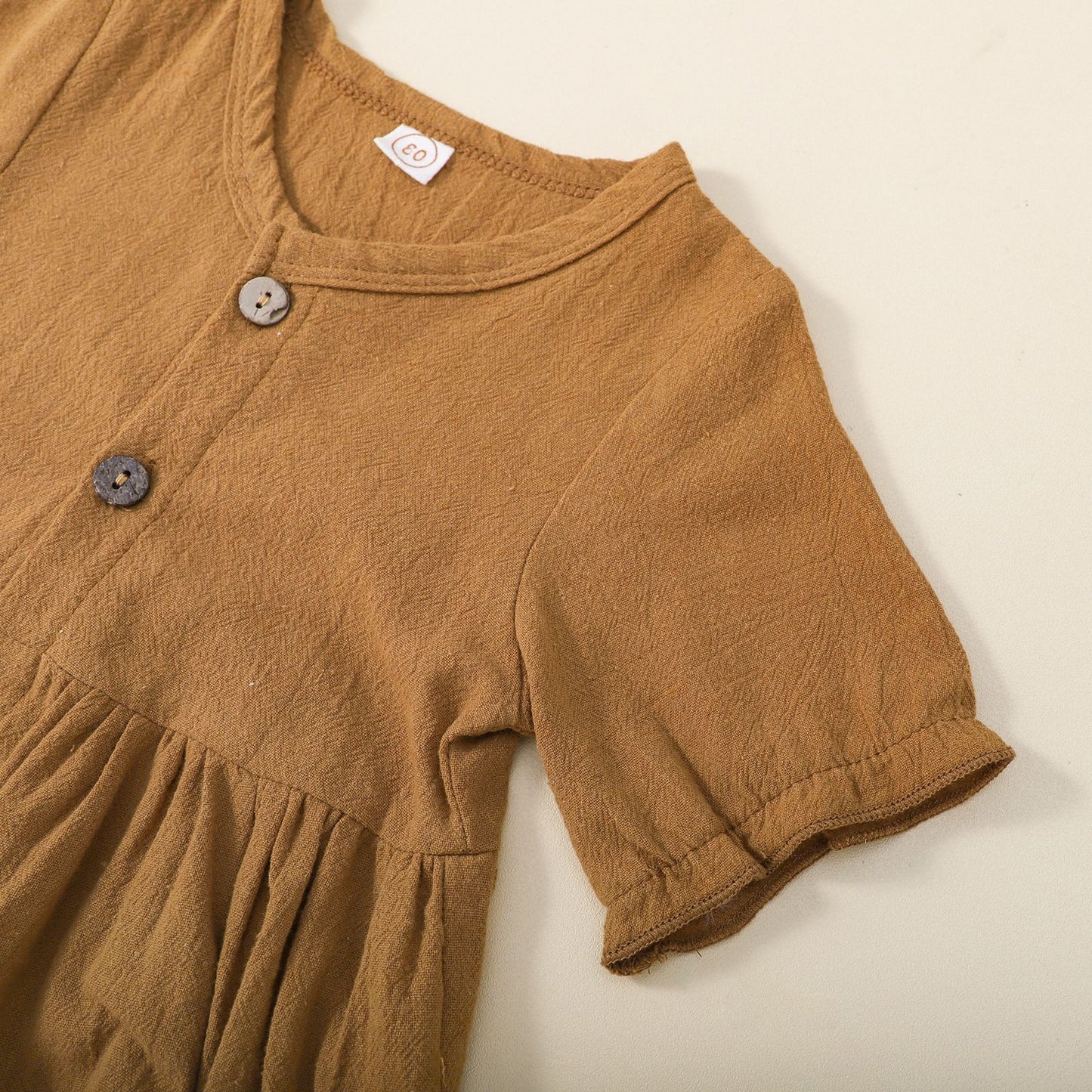 Children's Cotton And Linen Baby Girl's Short-sleeved Dress With Barrettes Suit