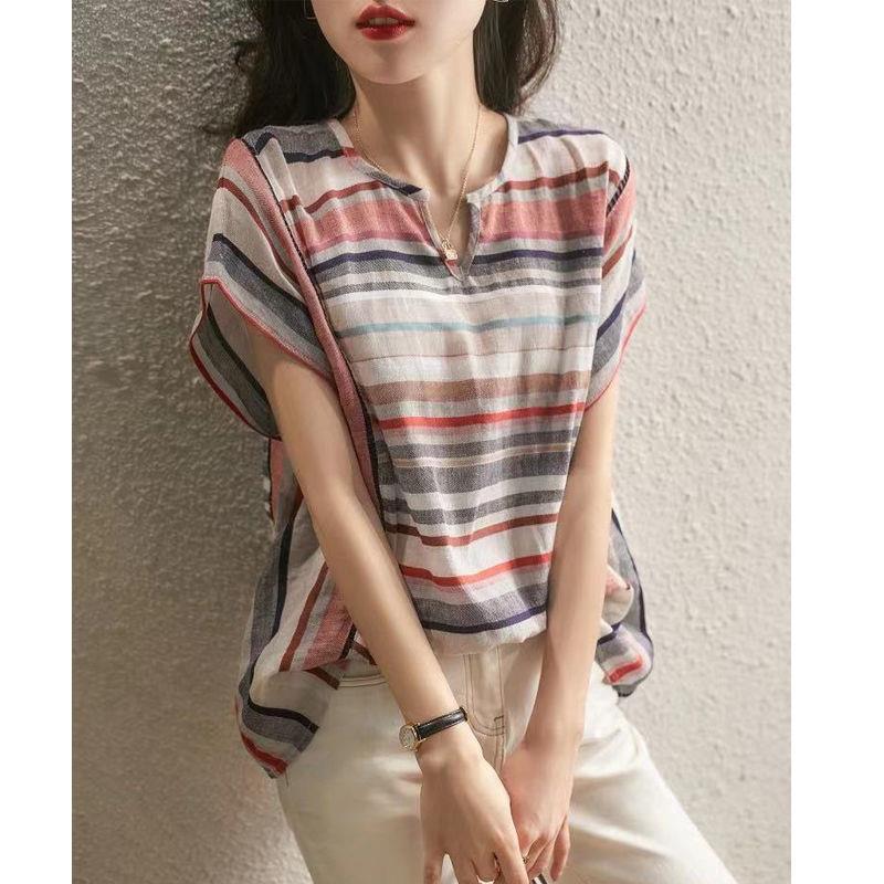 Women's Striped Shirt Korean Style Loose Cotton Linen Shirt