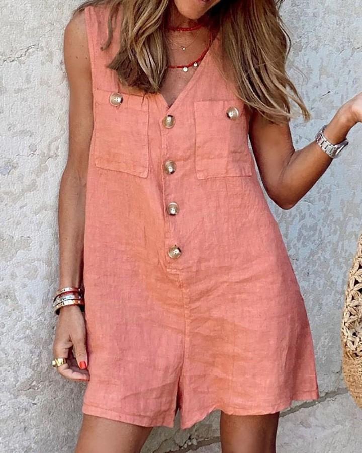 Cotton And Linen V-neck Buttons Patch Pocket Vest One-piece Shorts