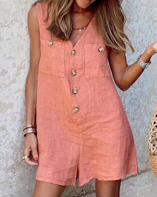 Cotton And Linen V-neck Buttons Patch Pocket Vest One-piece Shorts