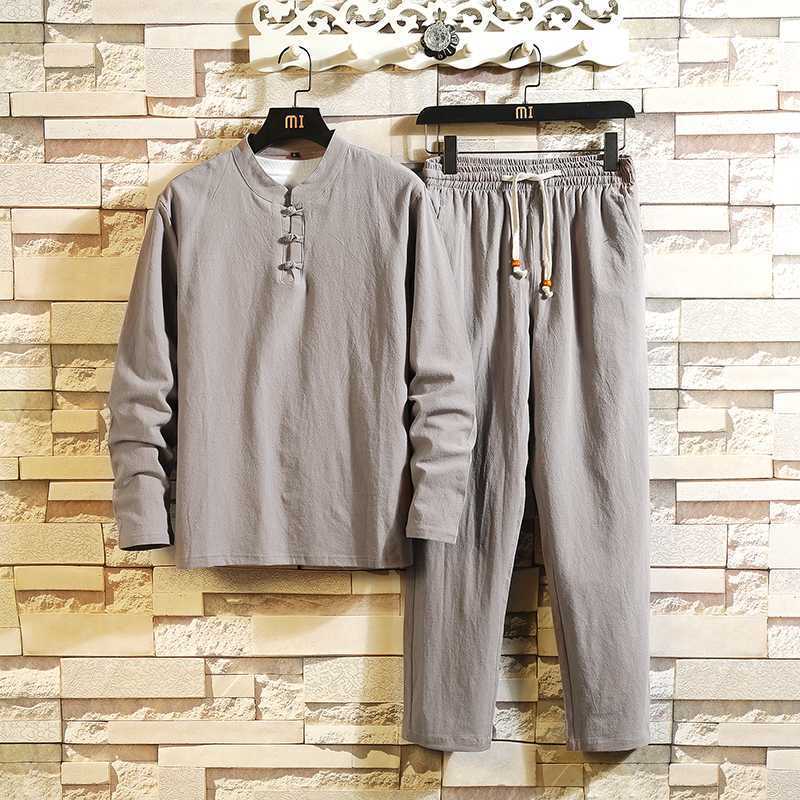 Chinese Style For Men Linen Long Sleeve Trousers Suit
