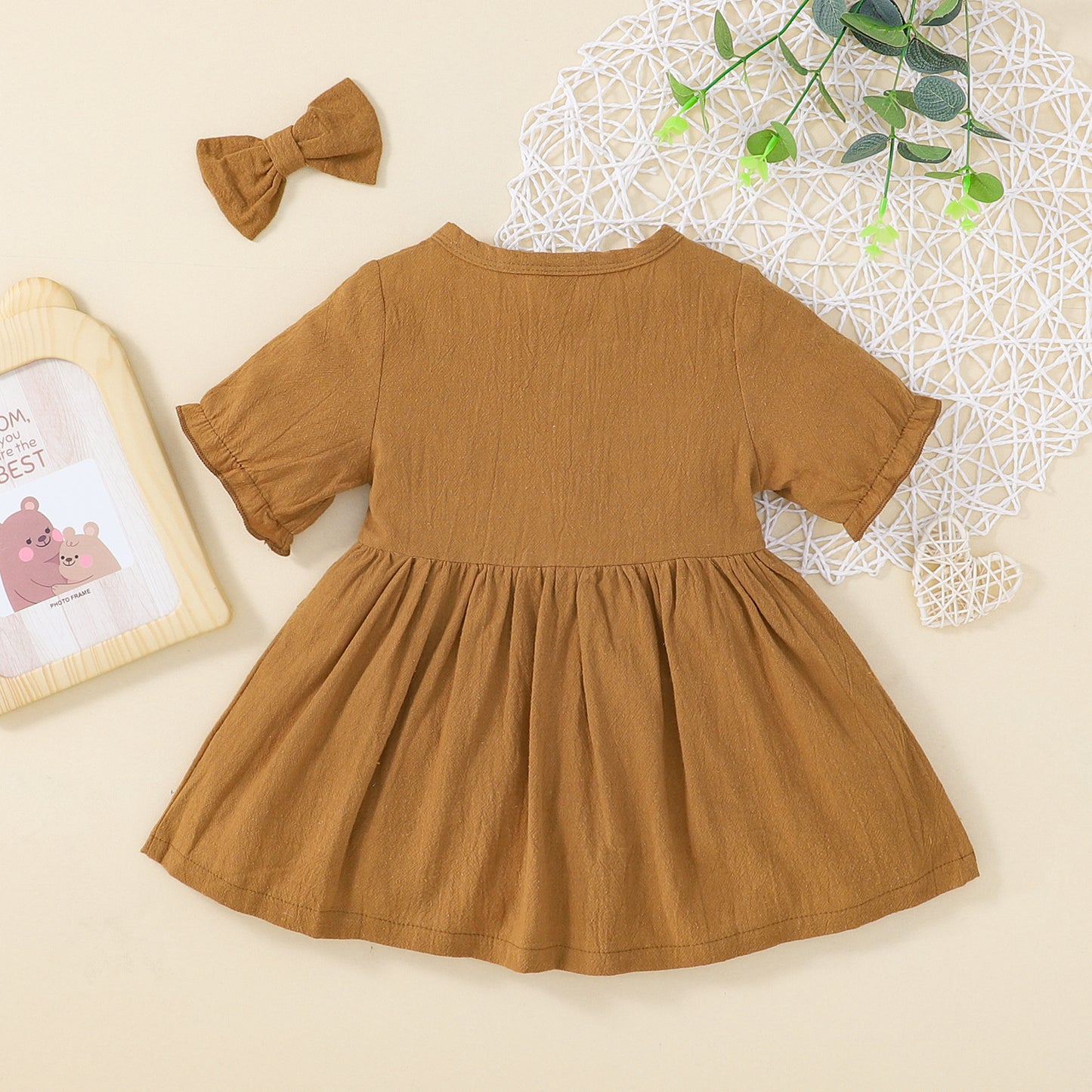 Children's Cotton And Linen Baby Girl's Short-sleeved Dress With Barrettes Suit