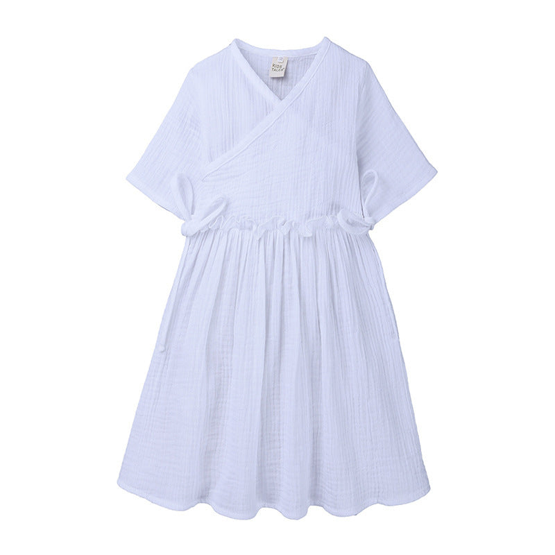 Kids' Skirt Style Cotton And Linen Lace-up Slim Dress