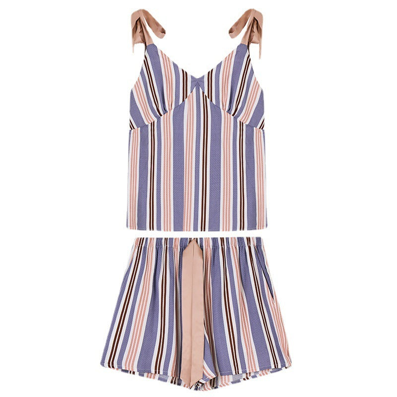 Women's Solid Color Cotton And Linen Thin Suspender Shorts Striped Vacation Suit