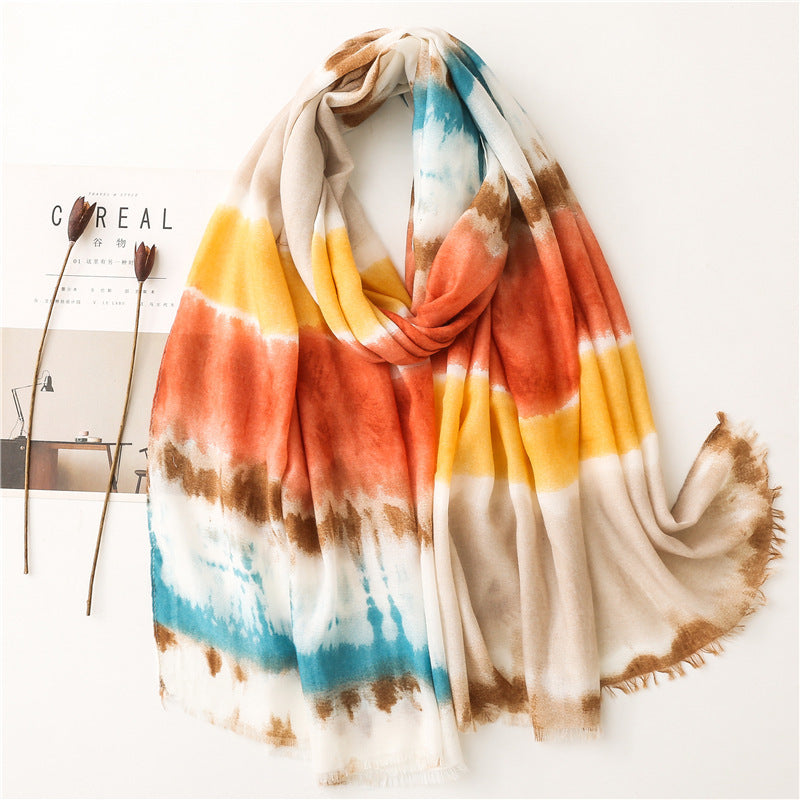 Cotton And Linen Feel Satin Cotton Scarf Female Ink Painting Rainbow Shawl